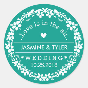 Sticker Rond Turquoise Vert & Blanc Mariage Personnalisé Noms d