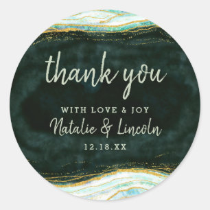 Sticker Rond Turquoise Vert & Or Agate Marbre Mariage Merci
