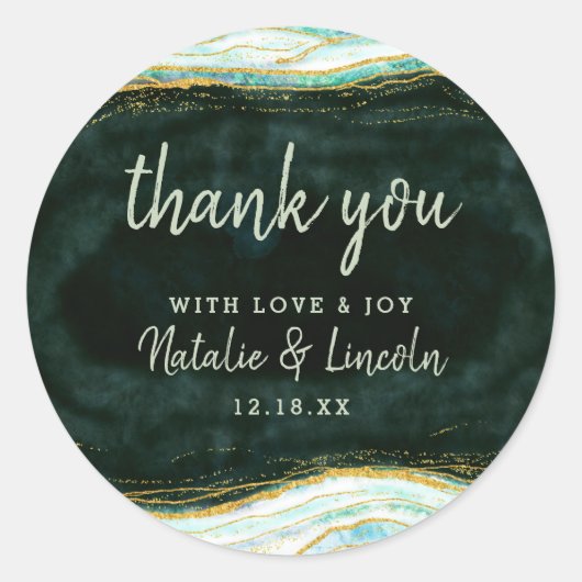Sticker Rond Turquoise Vert & Or Agate Marbre Mariage Merci (Devant)