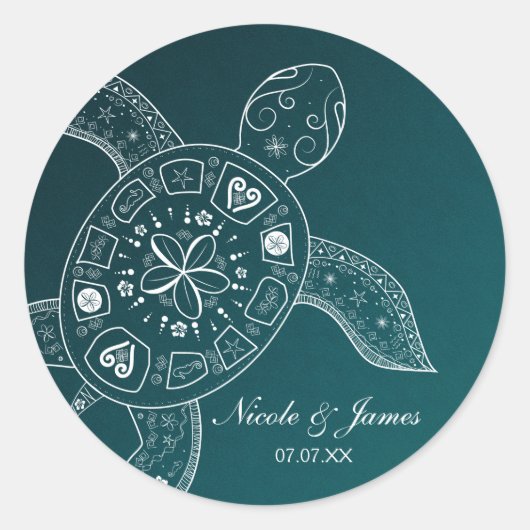 Sticker Rond Turtle de la mer d'Hawaii blanc sur la plage Turqu (Devant)
