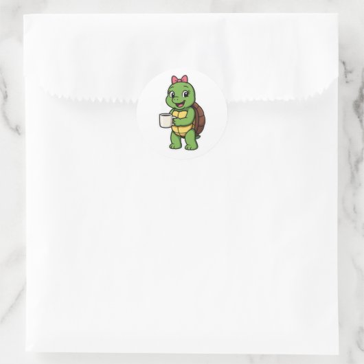 Sticker Rond Turtle drinking coffee (Sac)