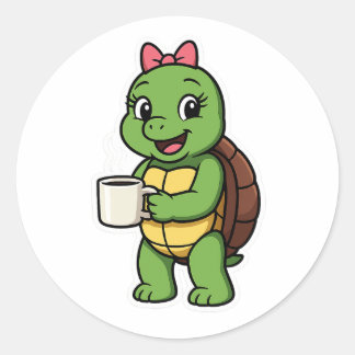 Sticker Rond Turtle drinking coffee