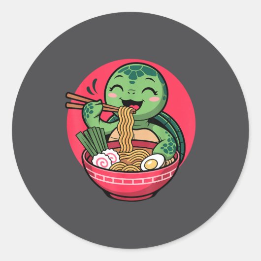 Sticker Rond Turtle Eating Ramen Kawaii Turtle Japanese Kawaii (Devant)