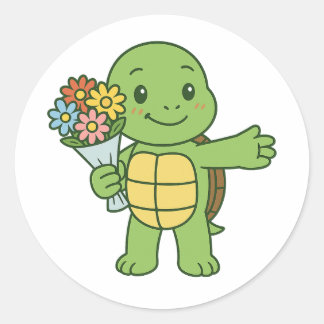 Sticker Rond Turtle holding a bouquet of flower