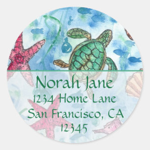 Sticker Rond Turtle Sea Creatures Blue Return Adresse