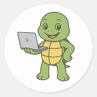 Sticker Rond Turtle working on laptop