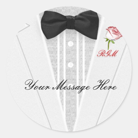 Sticker Rond Tuxedo blanc avec Cravate Bow noire Monogramme (Devant)