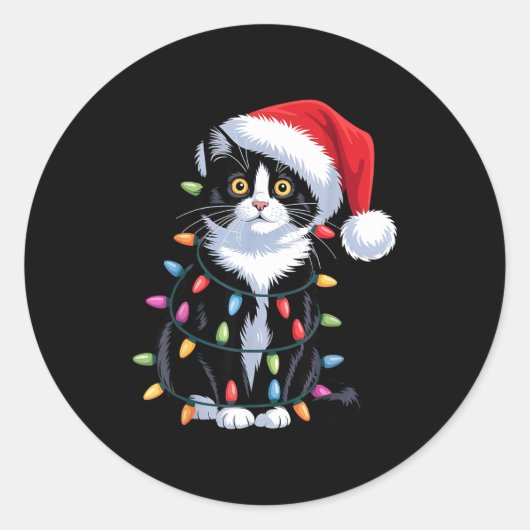 Sticker Rond Tuxedo Cat Meow Santa Tuxie Christmas Tree (Devant)