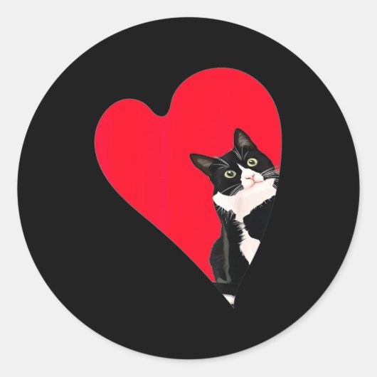 Sticker Rond Tuxedo Cat Valentine Heart For Kitten And Animal L (Devant)