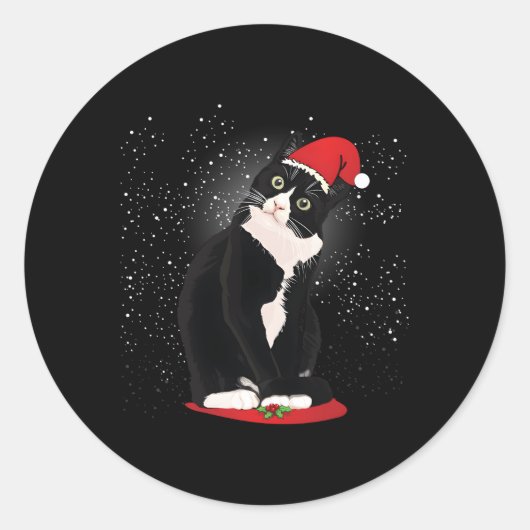 Sticker Rond Tuxedo Chat Santa Claus hiver neige (Devant)