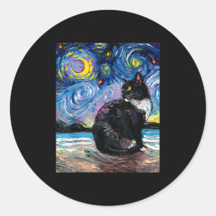 Sticker Rond Tuxedo Chat Sur La Plage Stars Nuit Impressionnist