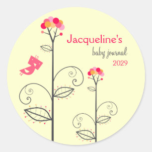 Sticker Rond Tweet Oiseau et points roses Fleur Arbre Baby Plaq
