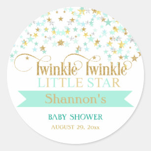 Sticker Rond Twinkle Little Star Baby shower Mint Green & Gold
