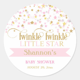 Sticker Rond Twinkle Little Star Baby shower rose or