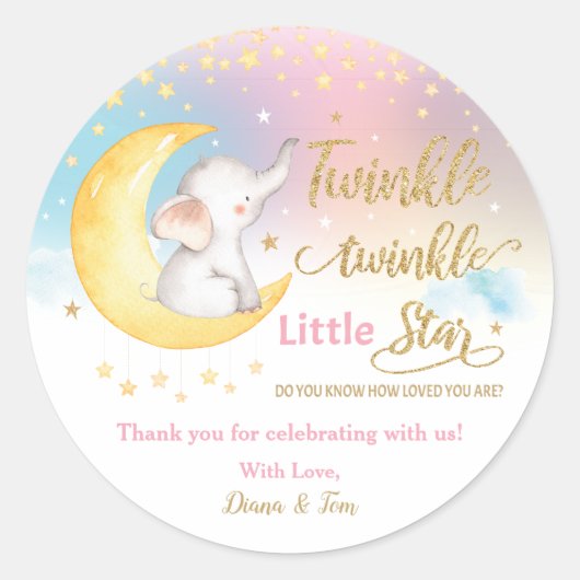 Sticker Rond Twinkle Little Star Elephant rose Faveur Merci (Devant)
