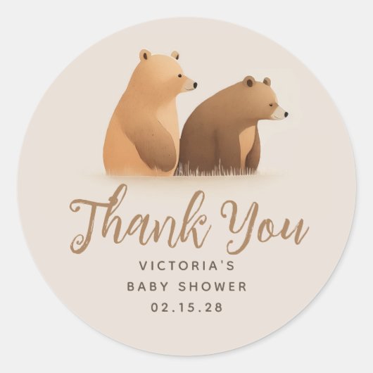 Sticker Rond Twins Bears Cute Brown Baby shower Merci (Devant)