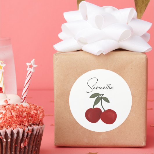 Sticker Rond Two Red Cherries Illustration | Cute Fruit Art (Fête)