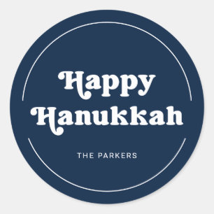 Sticker Rond Typographie amusante Modern Blue Happy Hanoukka