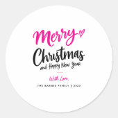 Sticker Rond Typographie de script Joyeux Noël rose noir (Devant)