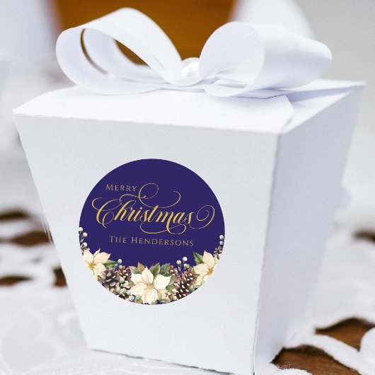 Sticker Rond Typographie d'or Noël Poinsettia bleu