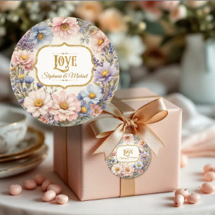 Sticker Rond TYPOGRAPHIE FLEURIE VINTAGE rose bleu et or AMOUR