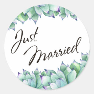Sticker Rond Typographie « Juste Mariés » avec succulentes aqua