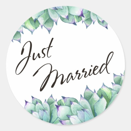 Sticker Rond Typographie « Juste Mariés » avec succulentes aqua (Devant)