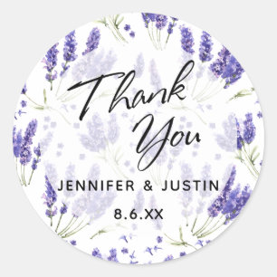 Sticker Rond Typographie Merci, Aquarelle Lavande Fleurs