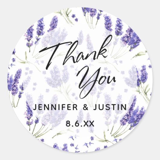 Sticker Rond Typographie Merci, Aquarelle Lavande Fleurs (Devant)