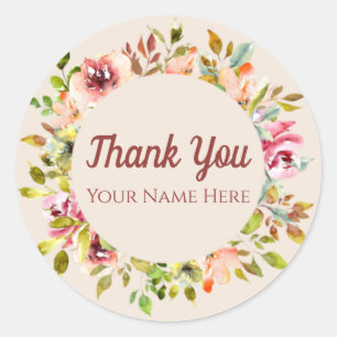 Sticker Rond Typographie Merci Personnalisée Avec Fleur Aquarel