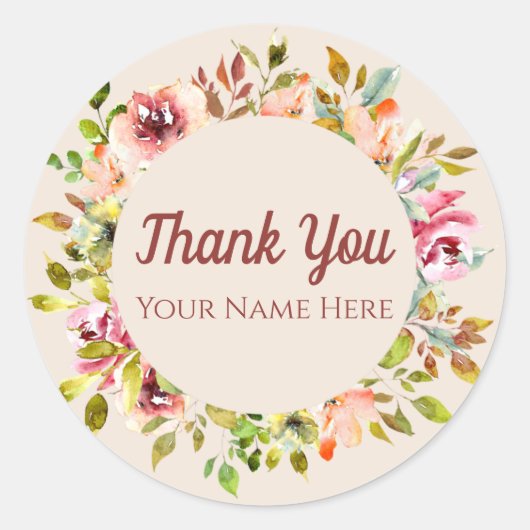 Sticker Rond Typographie Merci Personnalisée Avec Fleur Aquarel (Devant)