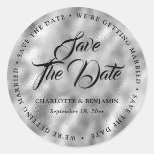 Sticker Rond Typographie Métallique Argent Mariage Enregistrer 