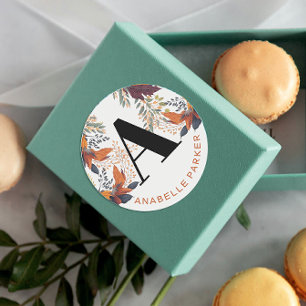 Sticker Rond Typographie Moderne Monogramme Feuilles d'Automne