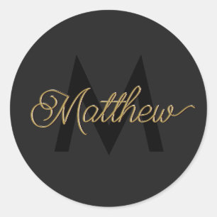 Sticker Rond Typographie noir et or Ajouter Nom et Monogramme M