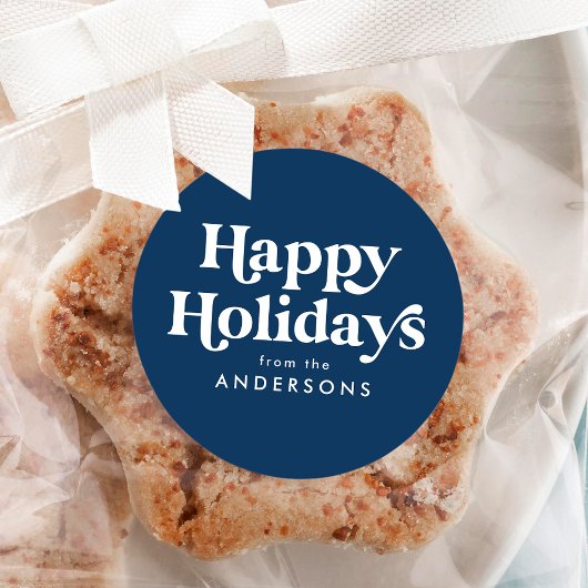 Sticker Rond Typographie rétro Blue Happy Holidays