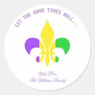 Sticker Rond Typographie violette de Fleur de Lis Mardi Gras