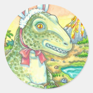 STICKER ROND TYRANNOSAURUS, CUTE T-REX, EASTER BUNNY DINO