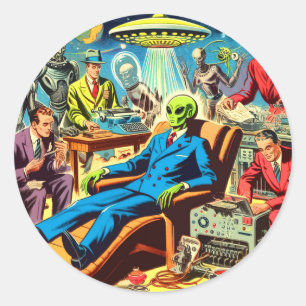 Sticker Rond Ufo Alien Sci-fi Retro Comics