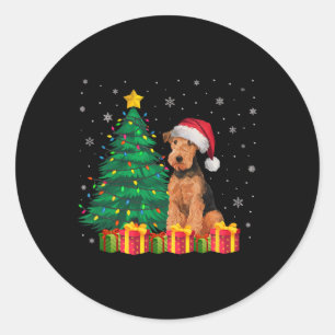 Sticker Rond Ugly Airedale Terrier Santa Hat lumières de Noël D
