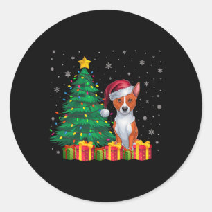 Sticker Rond Ugly Basenji Santa Hat lumières Noël Amoureux des