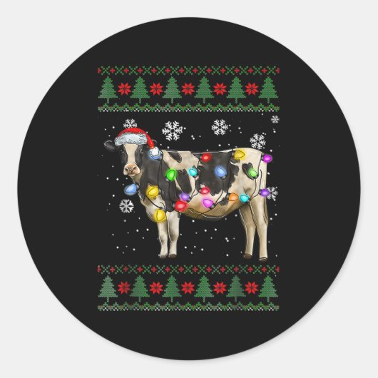 Sticker Rond Ugly Cow Christmas Sweater Santa Hat And Light Up  (Devant)