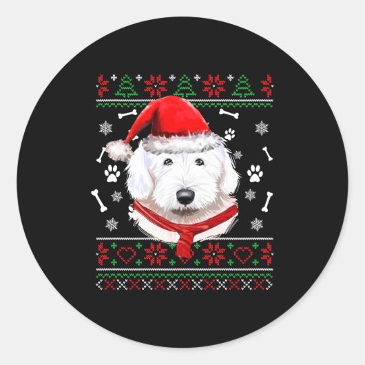 Sticker Rond Ugly Sweater Christmas Bobtail Dog Santa Hat Pajam (Devant)