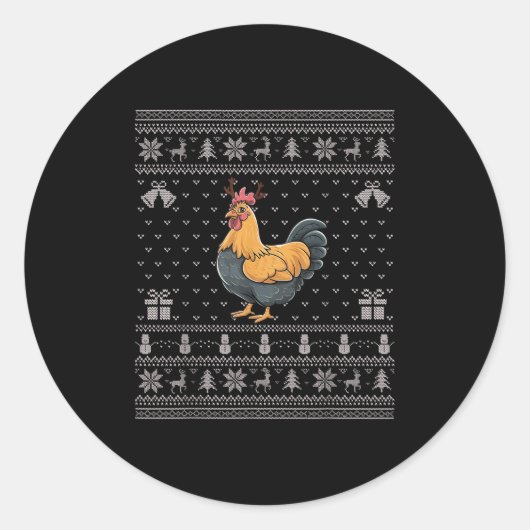Sticker Rond Ugly Xmas Sweater Style Chicken Reindeer Christmas (Devant)