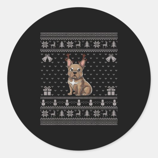 Sticker Rond Ugly Xmas Sweater Style Frenchie Dog Reindeer Chri (Devant)