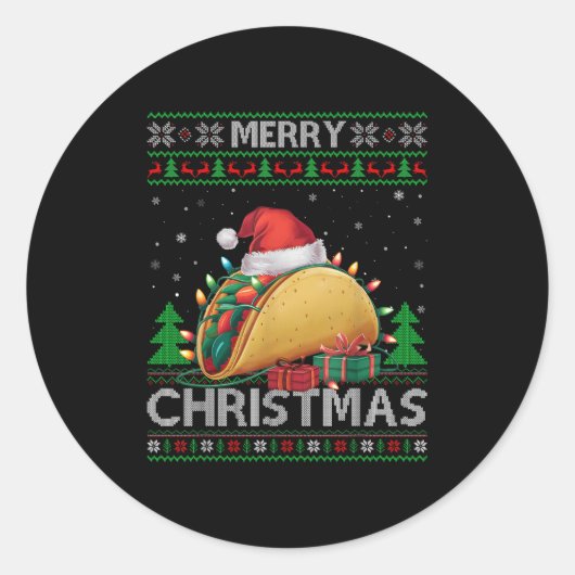 Sticker Rond Ugly Xmas Sweater Style Lights Santa Taco Christma (Devant)