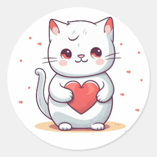 Sticker Rond Un adorable chat tenant un coeur