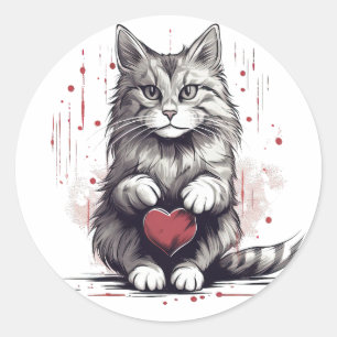Sticker Rond Un adorable chat tenant un coeur