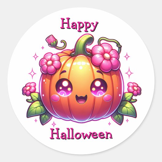 Sticker Rond Un adorable Citrouille Chibi | Joyeux Halloween (Devant)