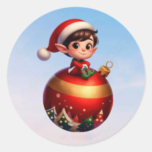 Sticker Rond Un adorable elfe de Noël assis sur un ornement géa
