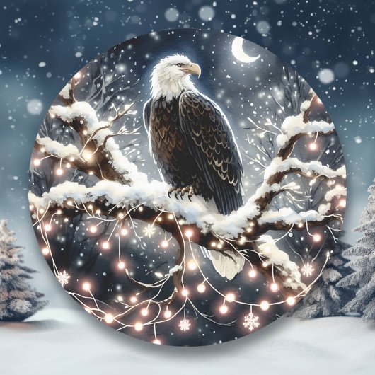 Sticker Rond Un aigle au-dessus d'une branche remplie de neige 